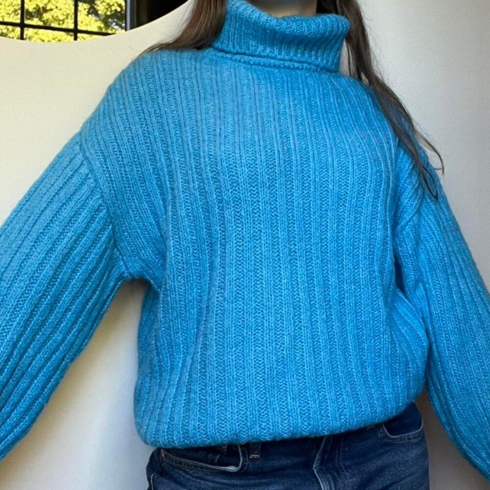 Mango Blue Chunky Turtleneck Sweater – Soft Knit Pullover Size XS
